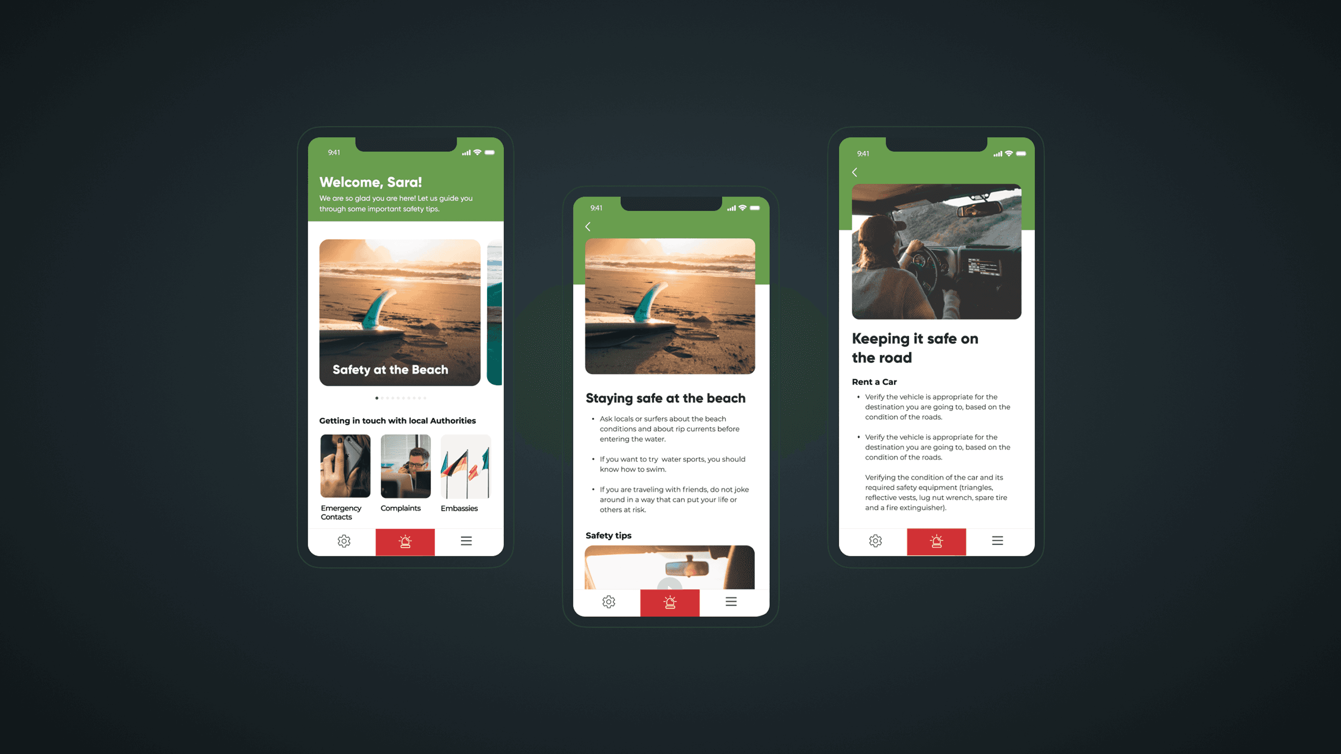 three internal screens of the app