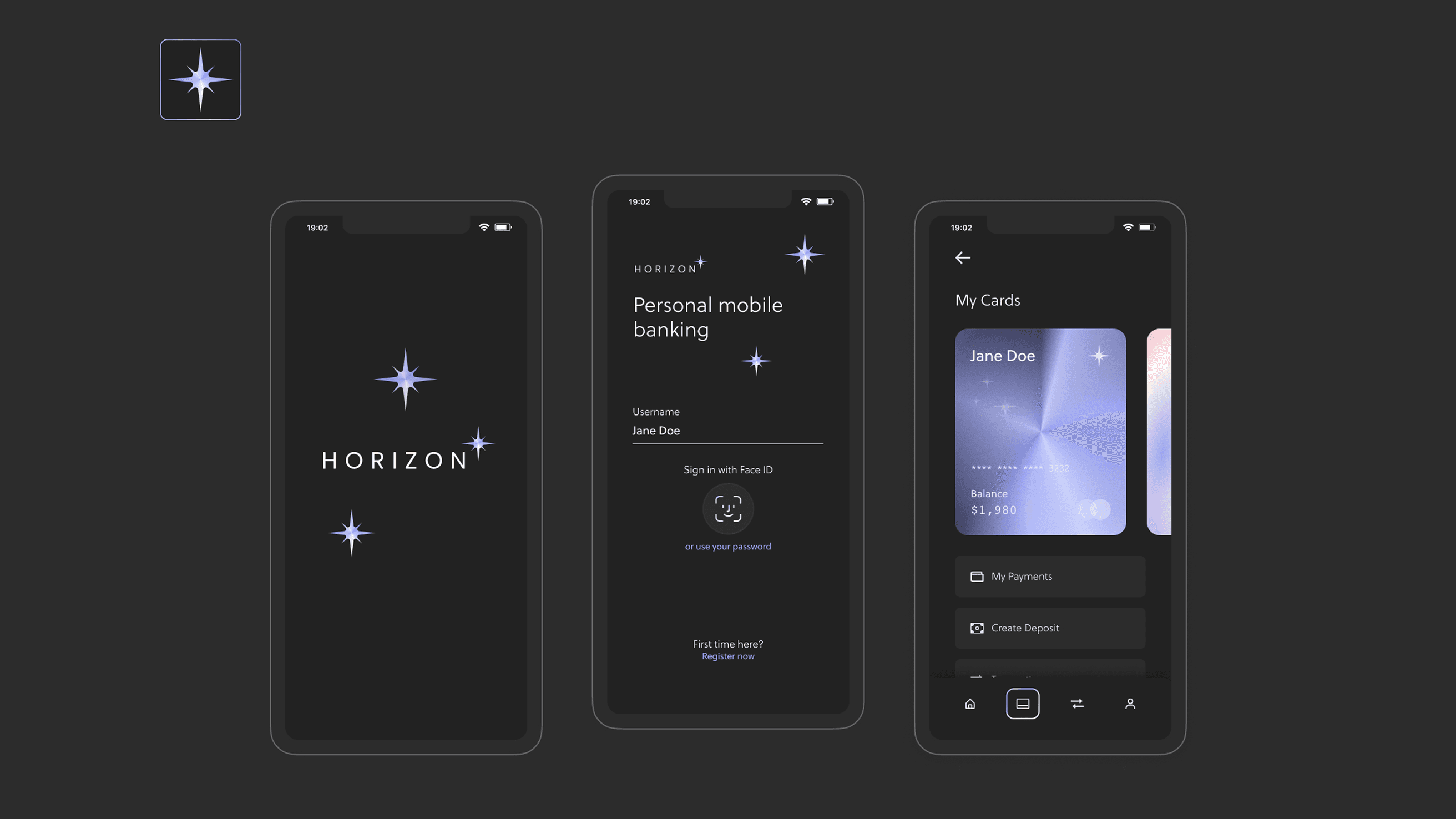 bank concept app three mobile screens