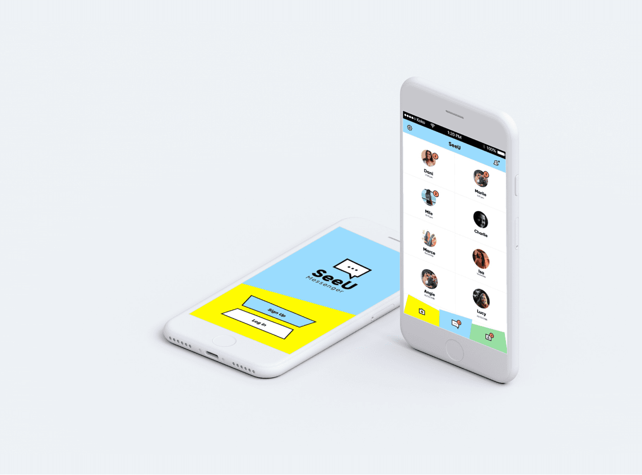 Mockup 2 iPhone on a white space showing two screens