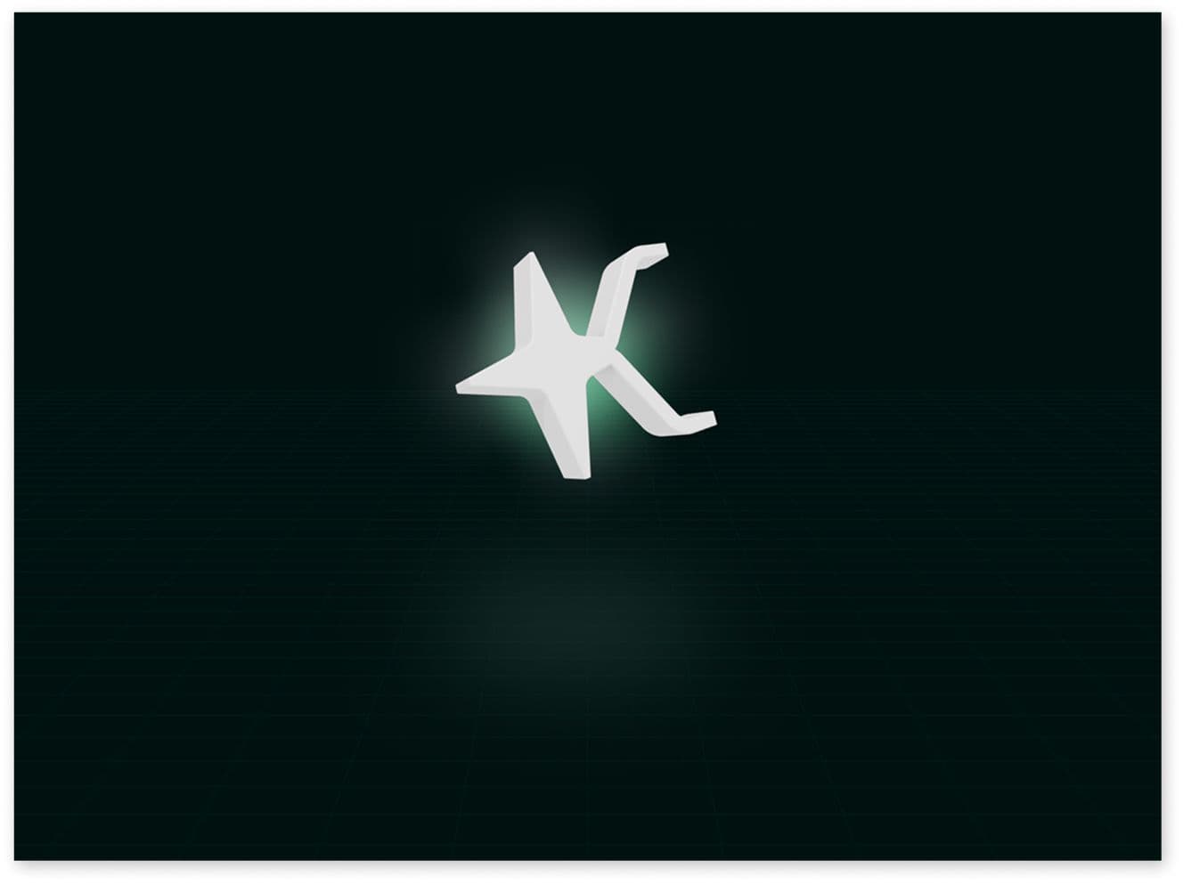 The letter 'K' on 3D, white color over a dark green glow background