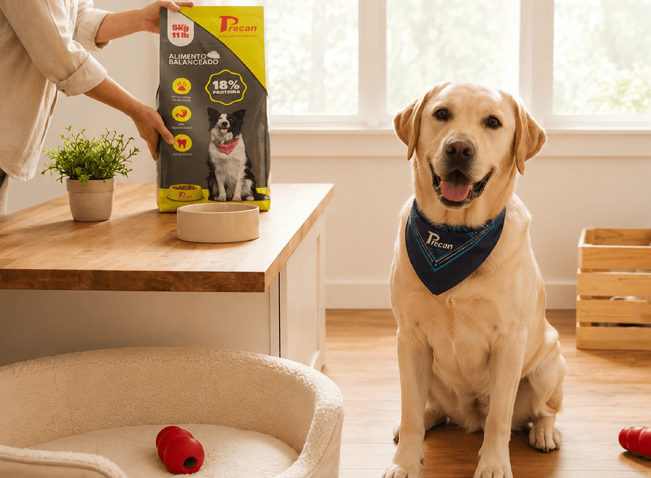 Golden retriever next to Precan dog food packaging