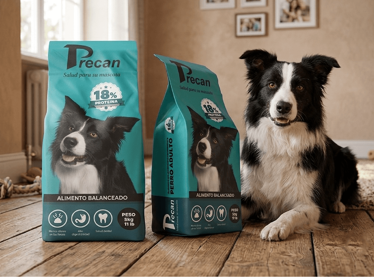 Precan turquoise dog food packaging with a border collie