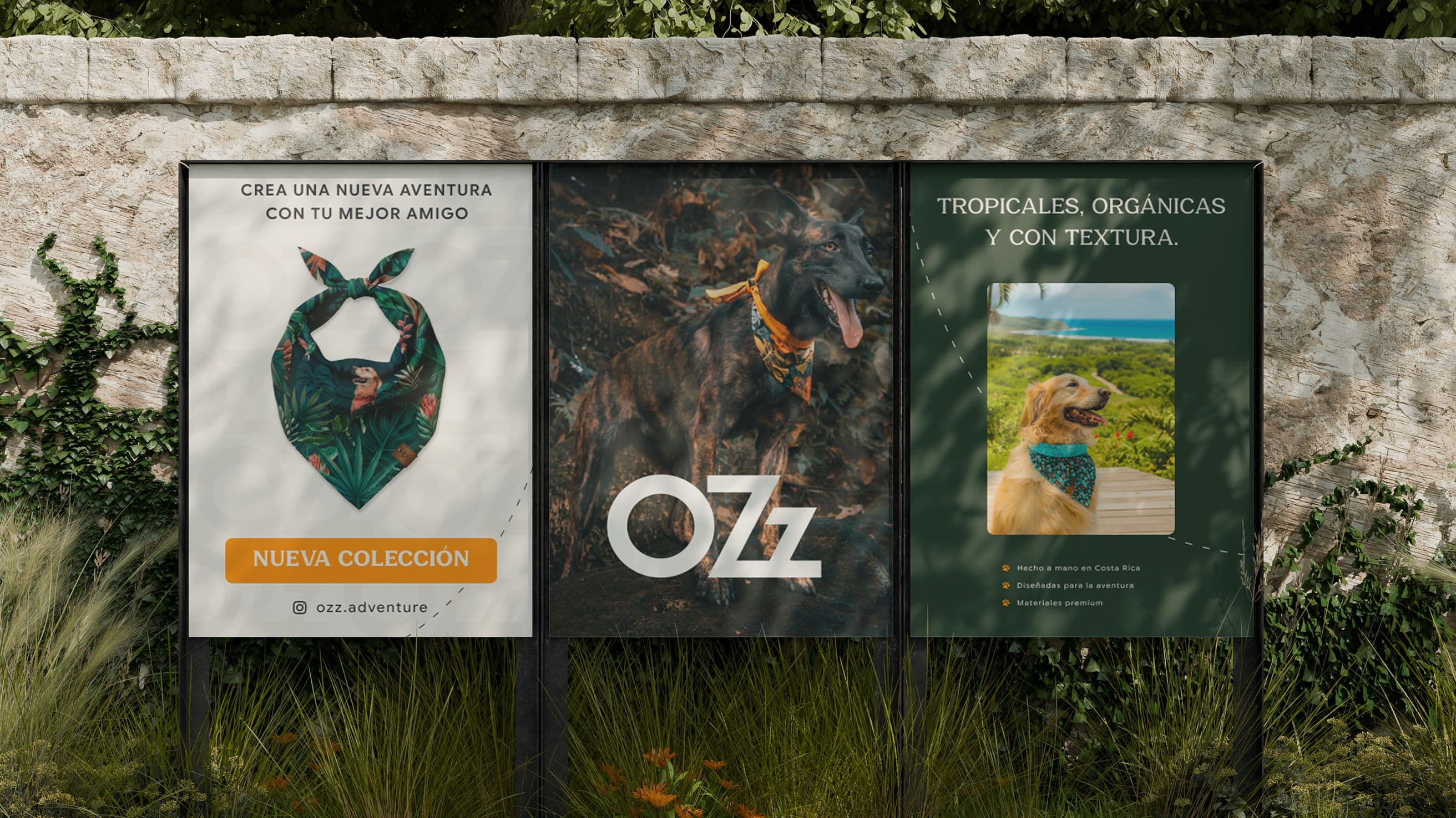 Image of a billboard with tree panels, showing a dog, a bandana and Ozzy