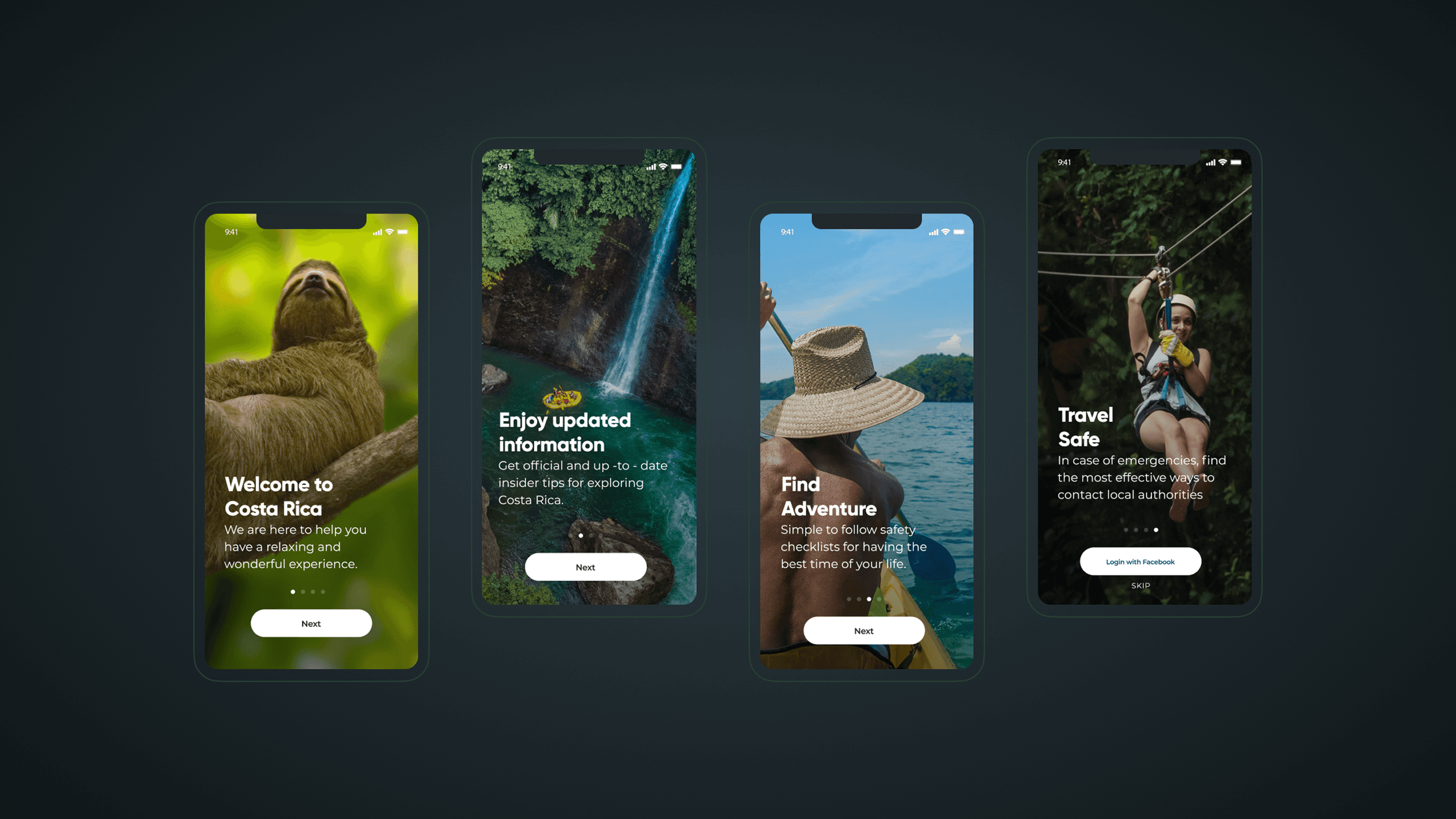 the four screens of the onboarding flow of the app