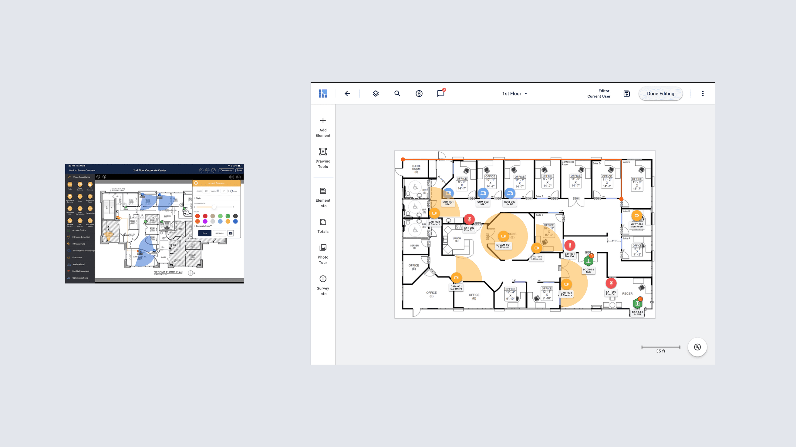 Two images, in the left the old UI of the editor screen, on the right the new one, the award winner.