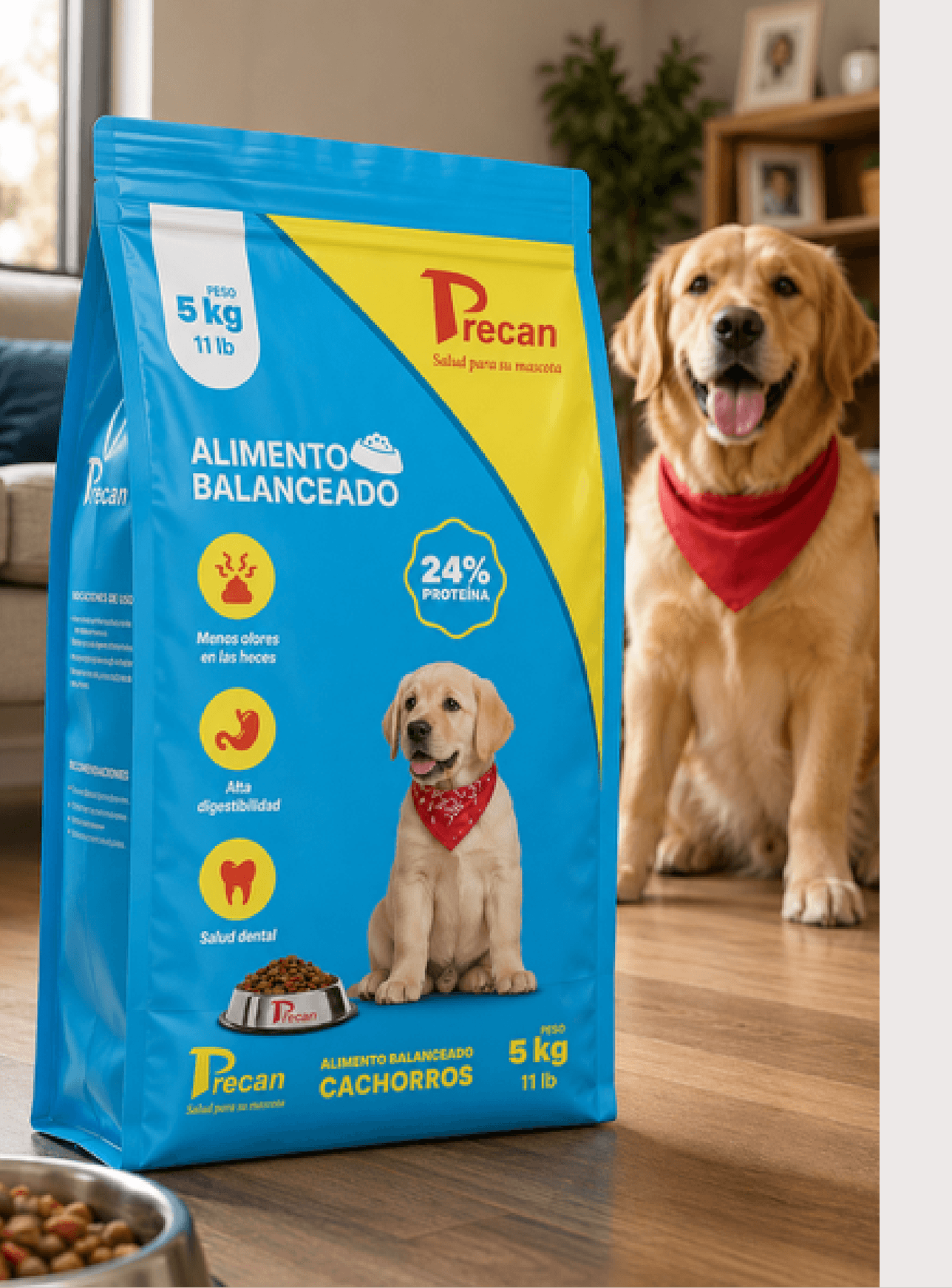 Precan puppy food packaging displayed with a golden retriever