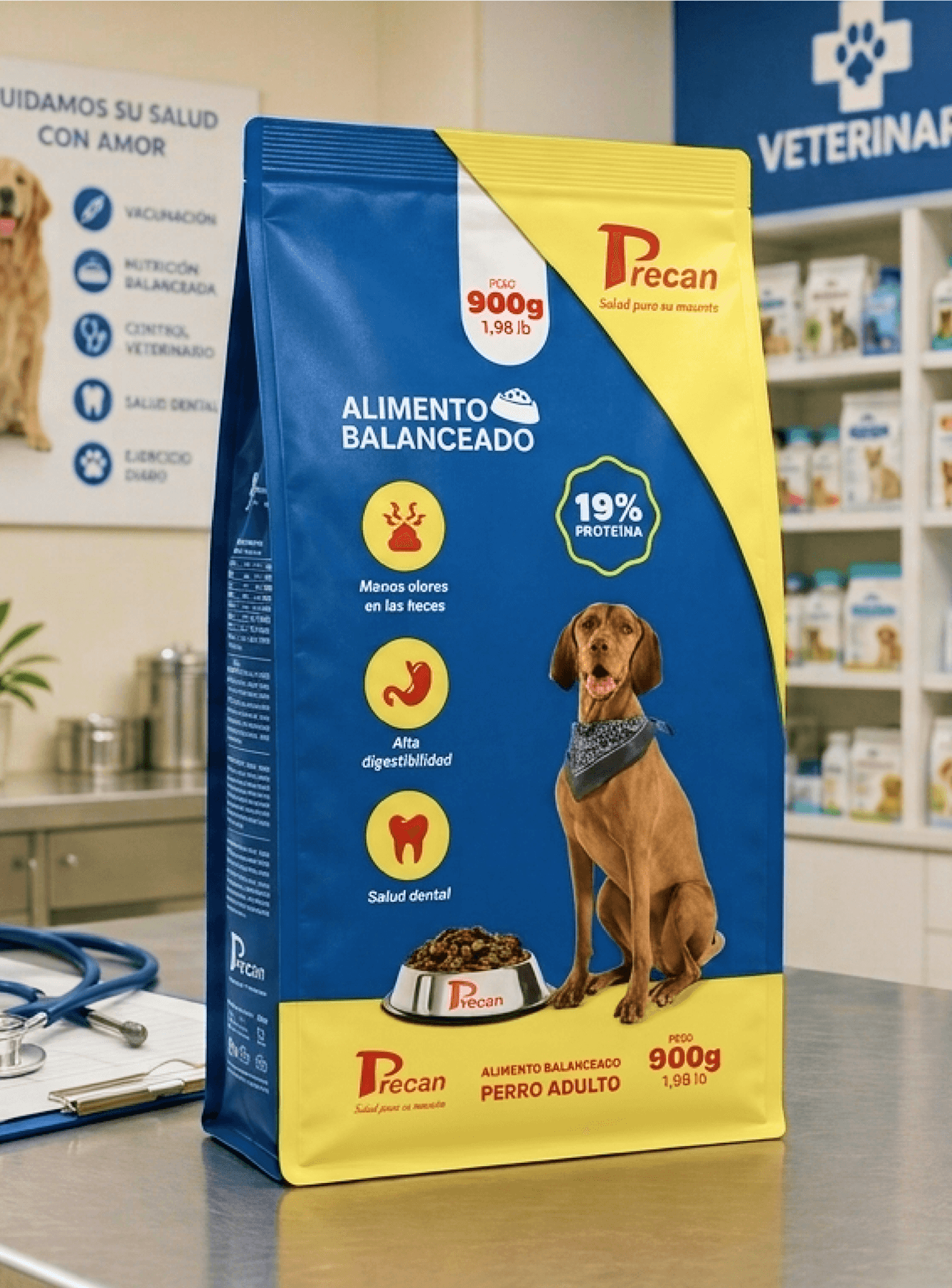 Precan adult dog food packaging mockup in a veterinary clinic