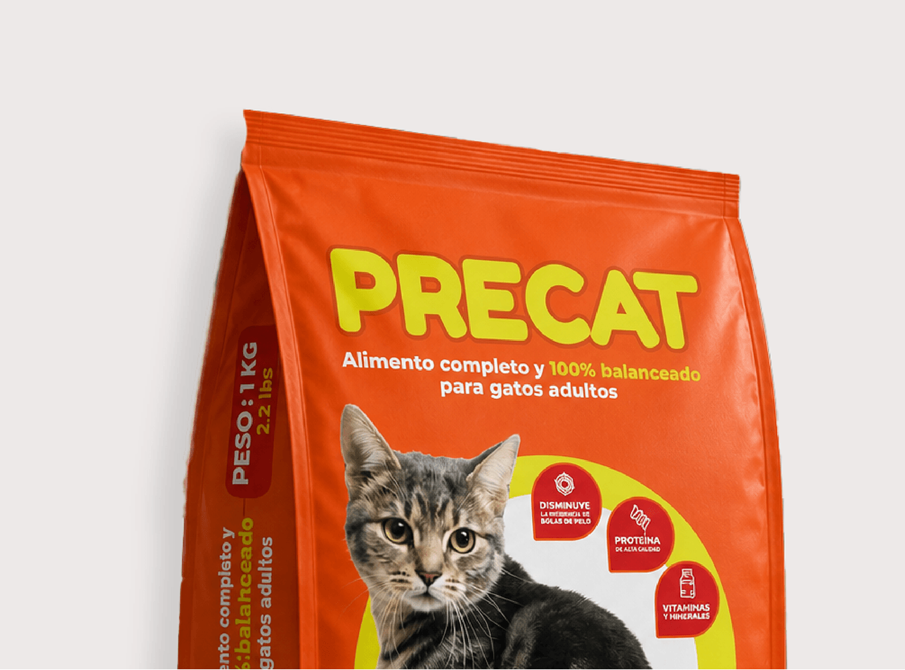Close-up of Precat cat food packaging and branding details