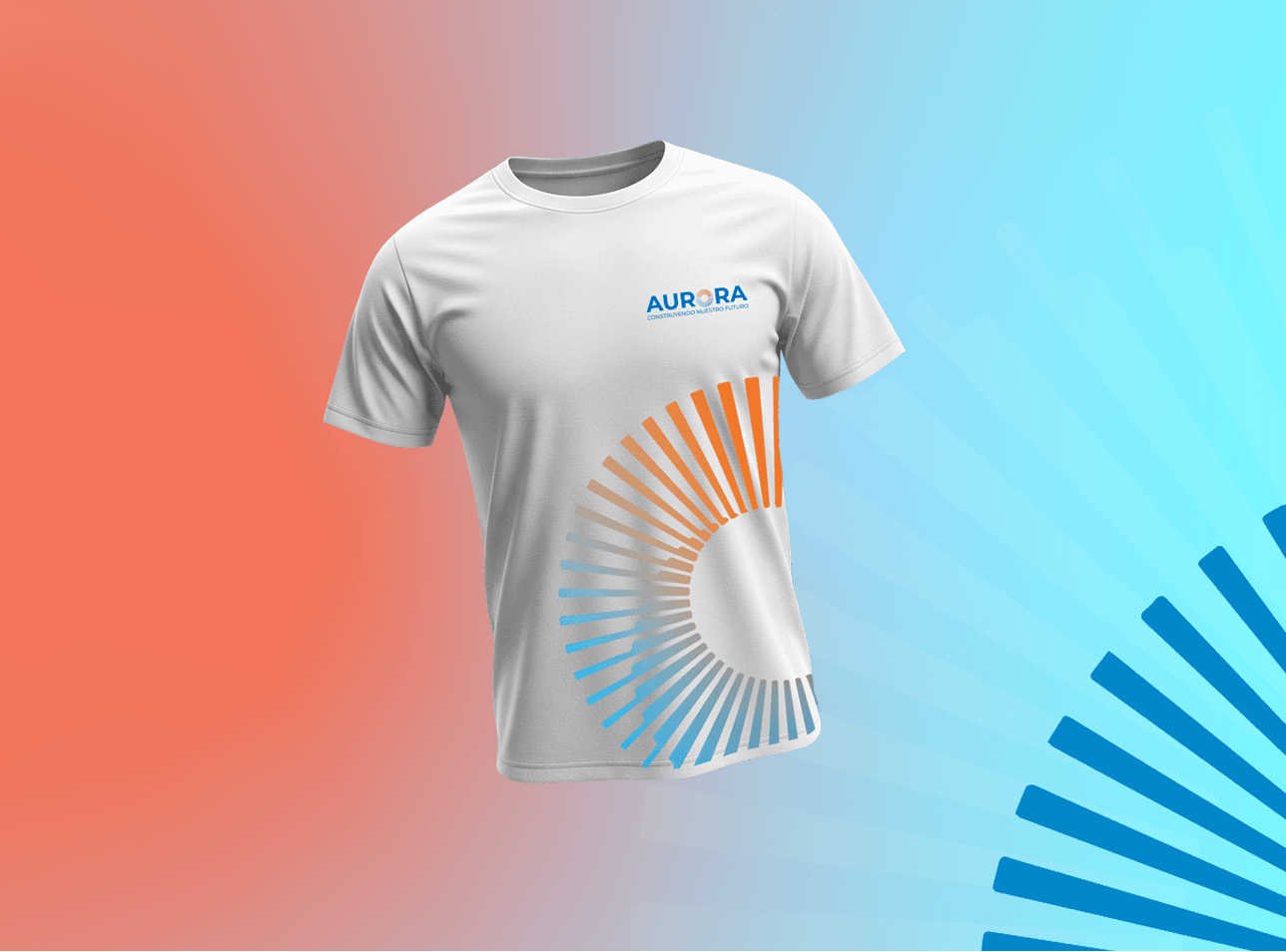 White Aurora T-shirt with a small chest logo and a large gradient radial graphic.