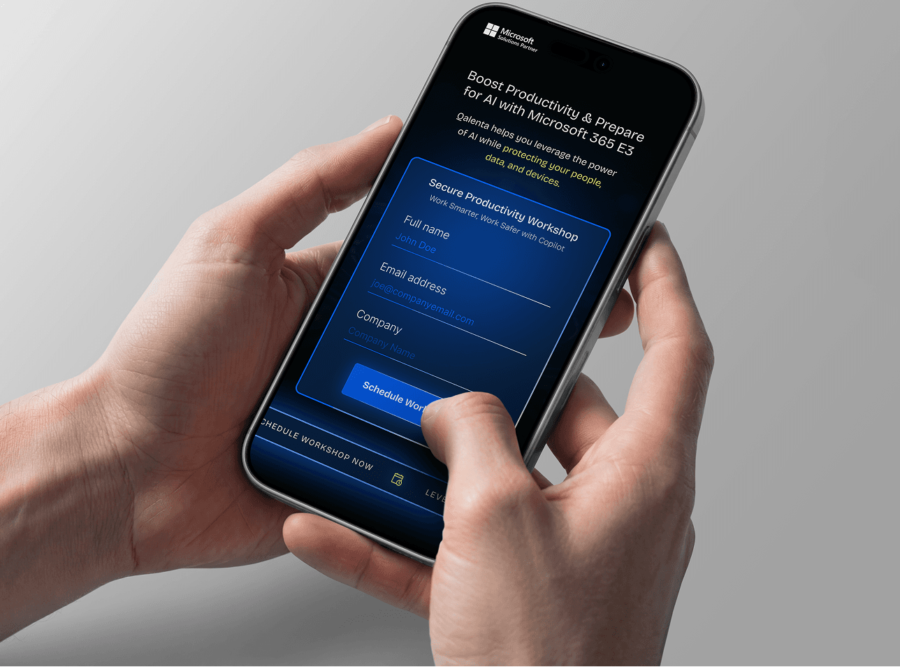 Mockup showing a mobile with Landing page of a MSFT Partner