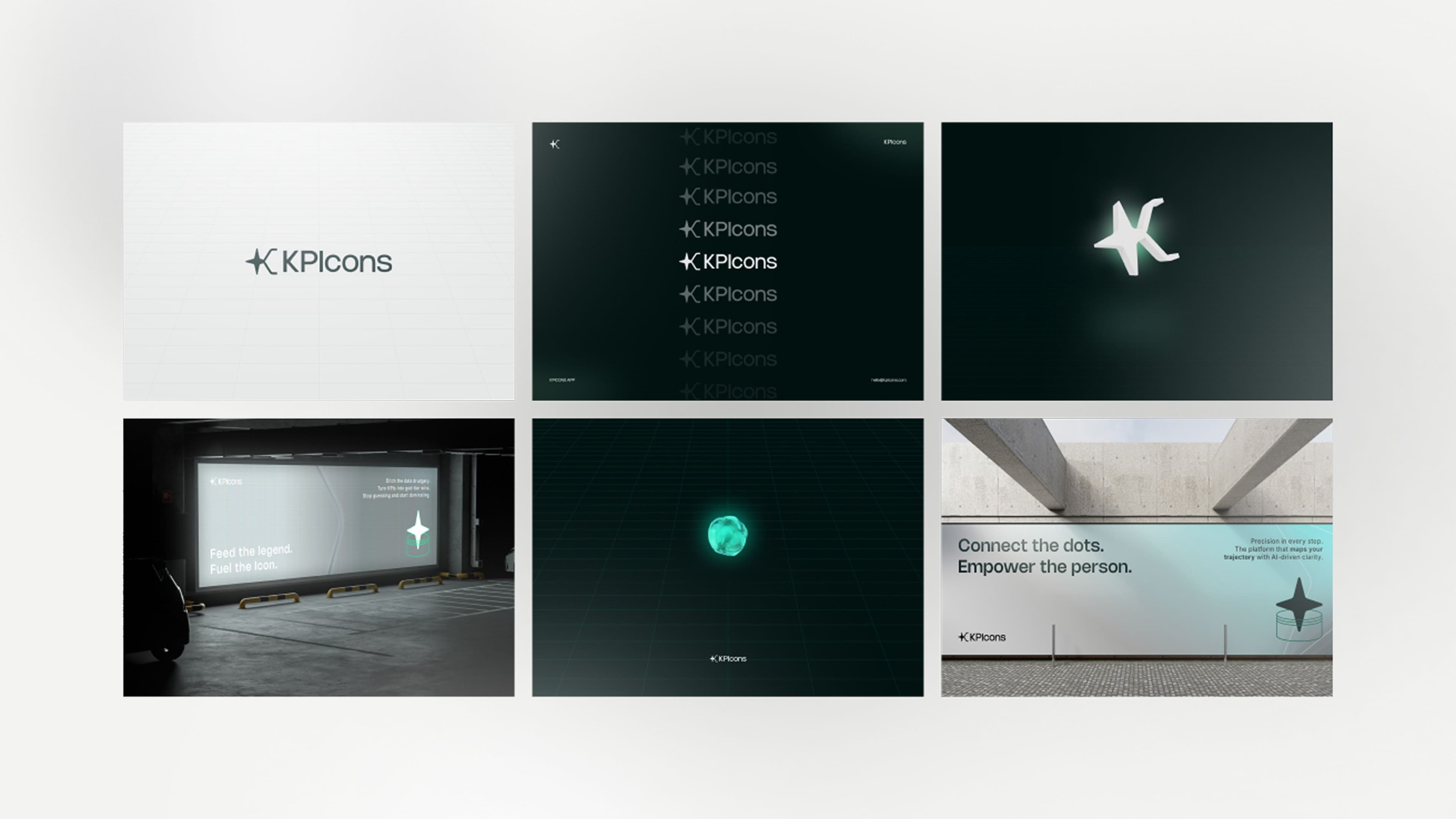 6 diiferent images showcasing visuals of KPIcons, mockups and logo