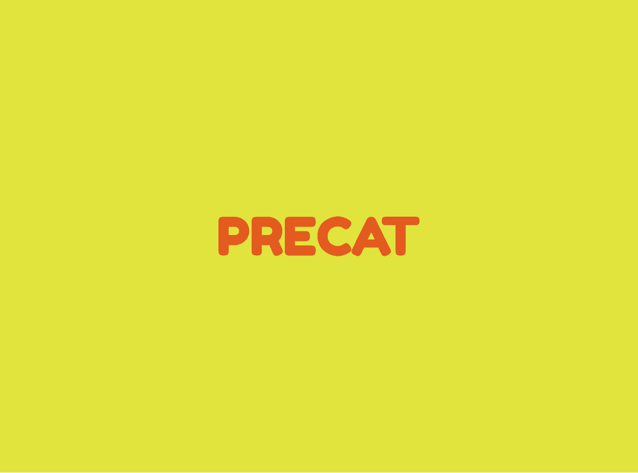 Precat logo in orange on a bright yellow background