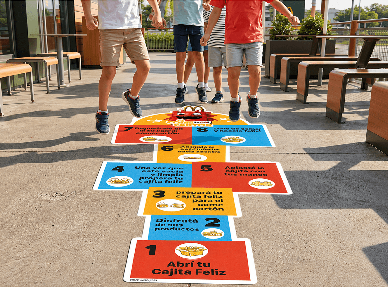 Children playing an El Come Cartón hopscotch game