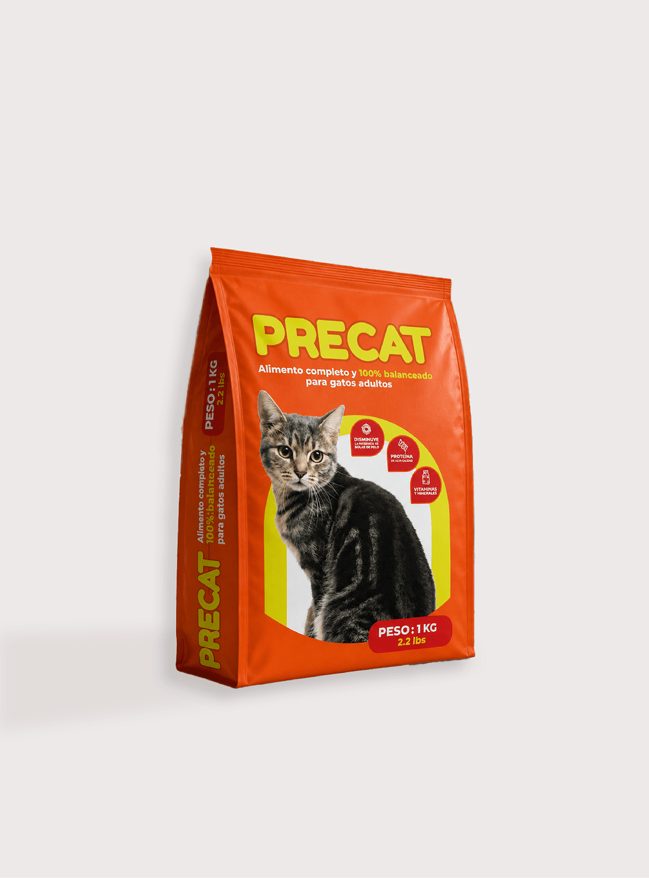 Precat adult cat food packaging design in orange and yellow