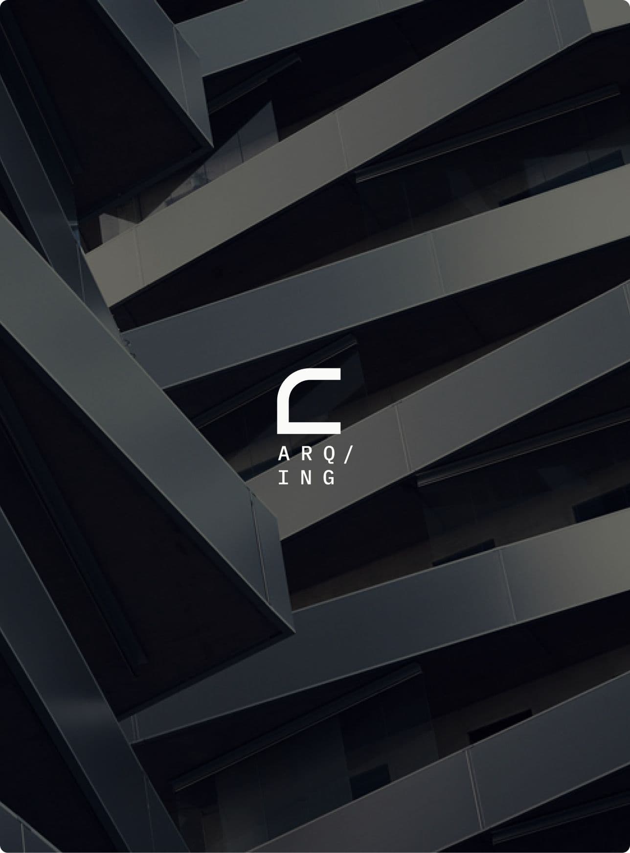 Icon and slogan (ARQ-ING) over a dark building image