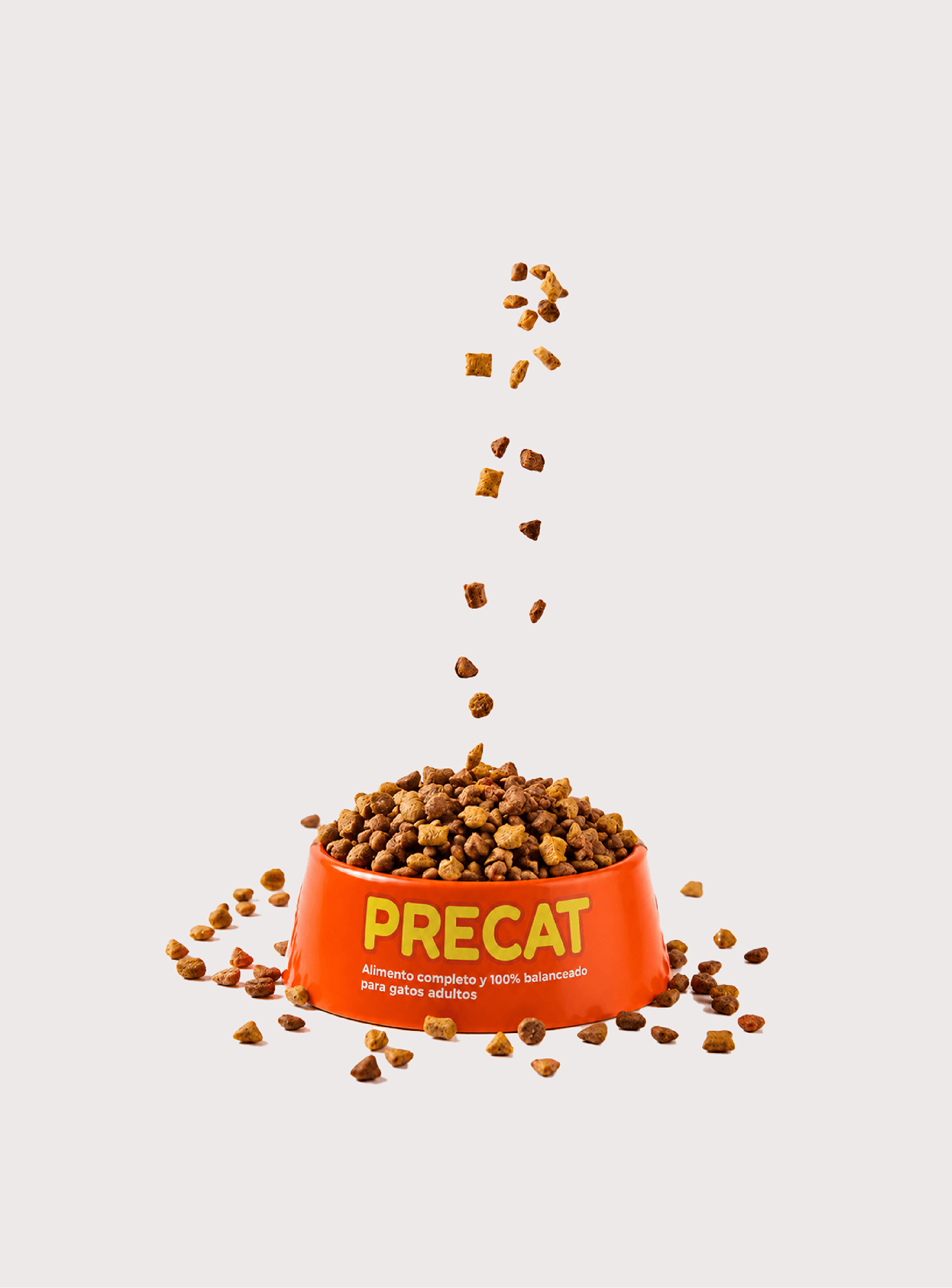 Orange Precat food bowl filled with falling cat kibble