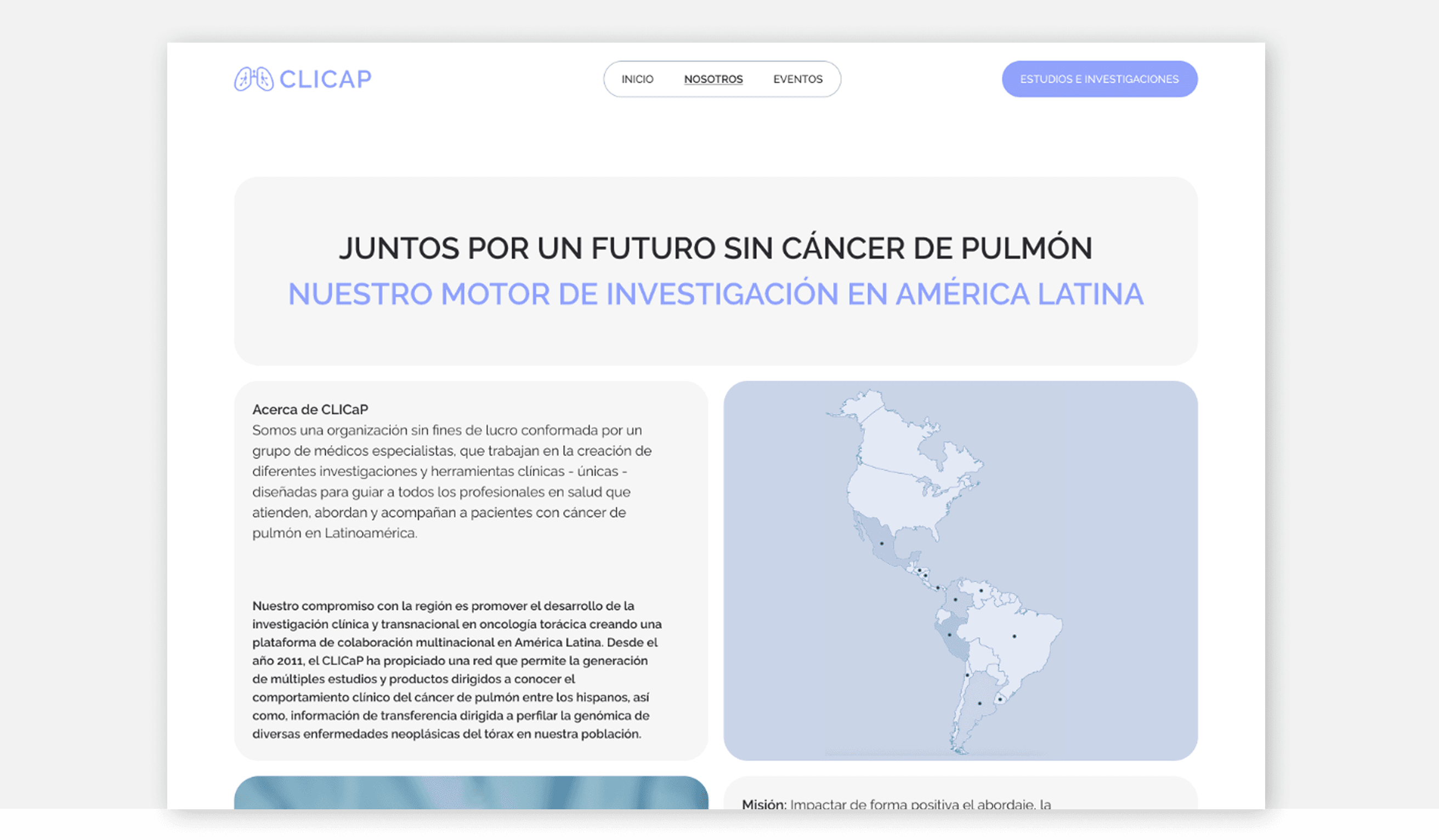 CLICaP about page featuring organizational information and a map of Latin America