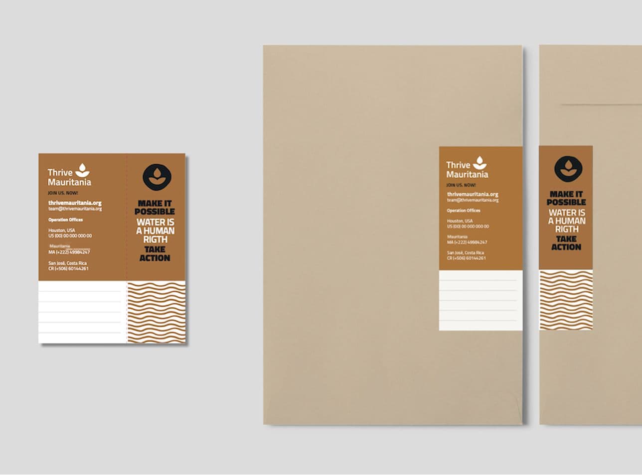 mockup of a post card and folder branded