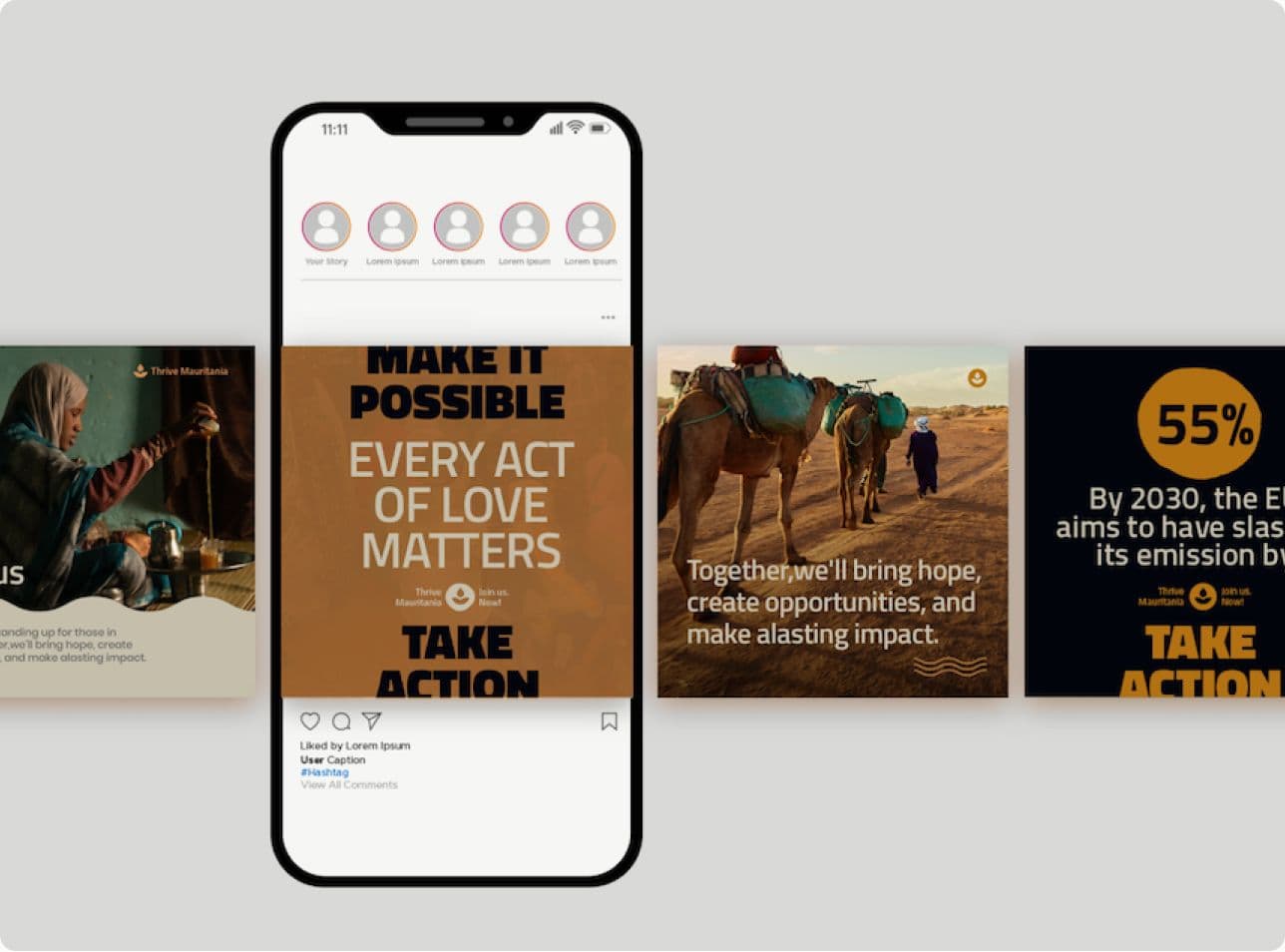 a mockup of a phone showcasing a carrousel of 4 designs with the project's data for donators and followers