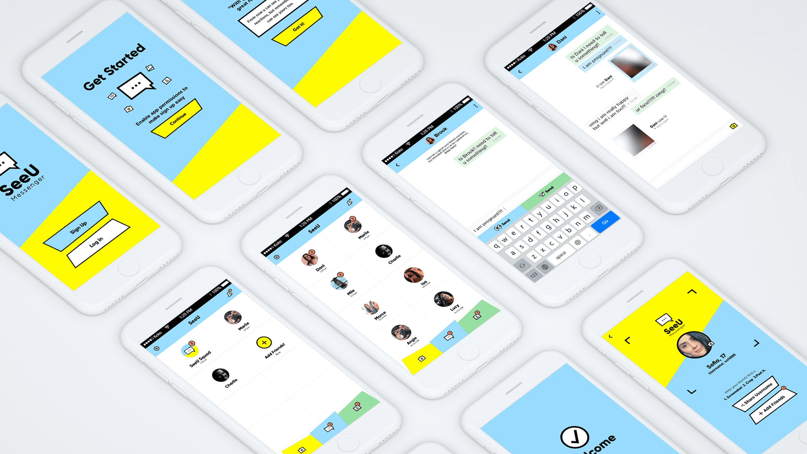 Mockup of iPhones showing different screens of the app SeeU