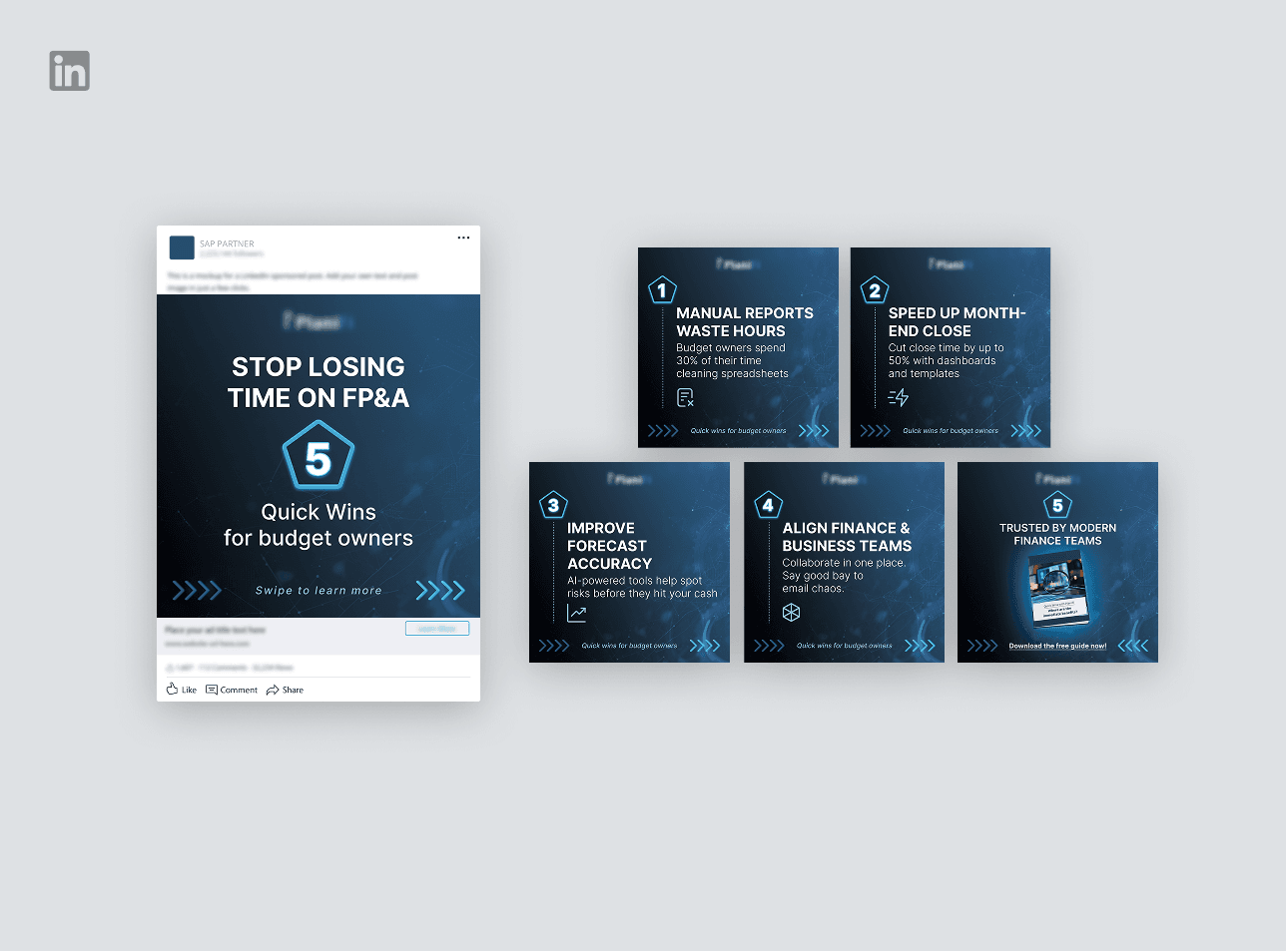 FP&A Quick Wins LinkedIn carousel ad campaign