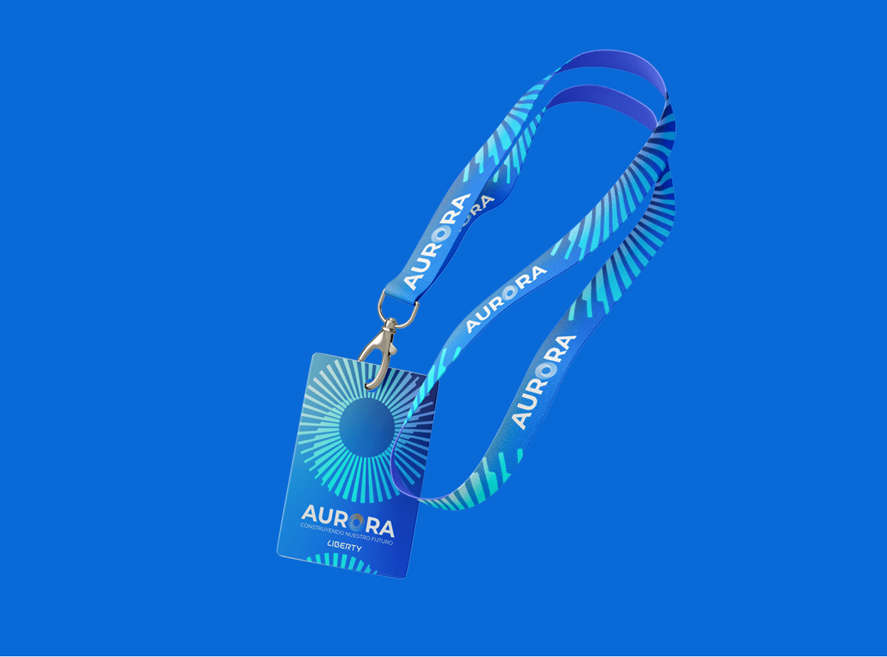 Liberty Aurora lanyard and ID badge with blue radial graphics.
