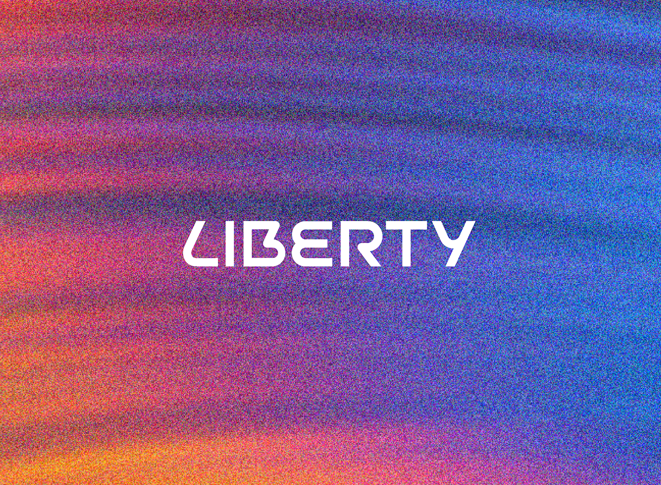 White Liberty logo on a textured orange, purple and blue background.