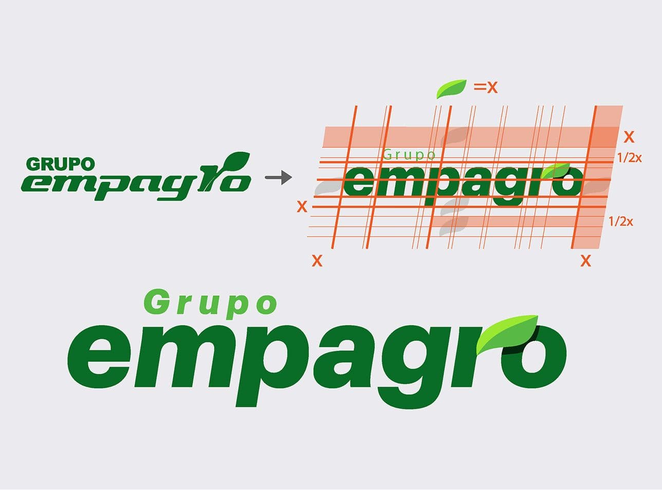 Grupo Empagro logo redesign showing the original mark, construction grid and refreshed logo.