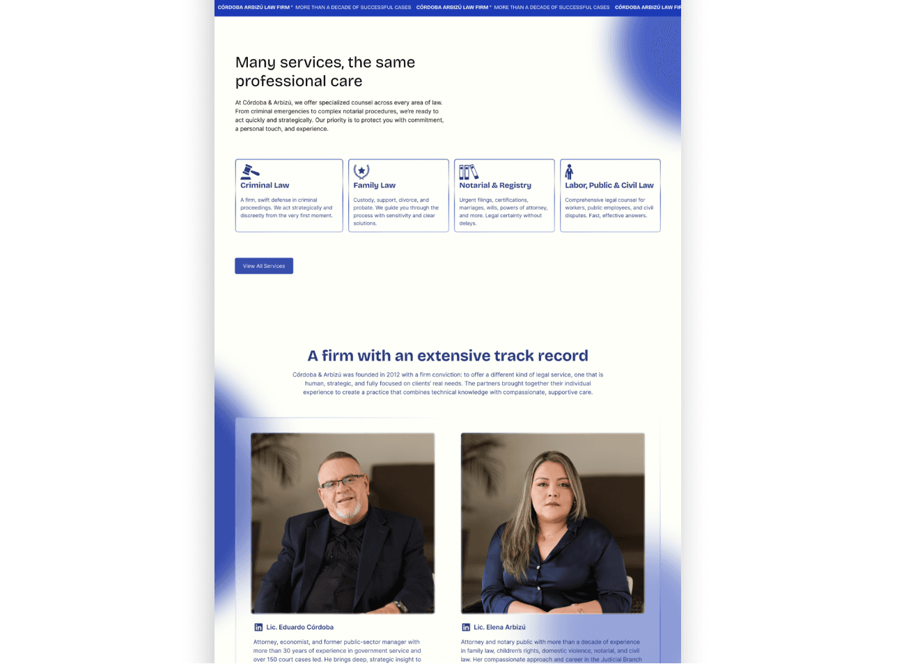 Attorney C&A website layout showing legal services and profiles of the firm's two lawyers.