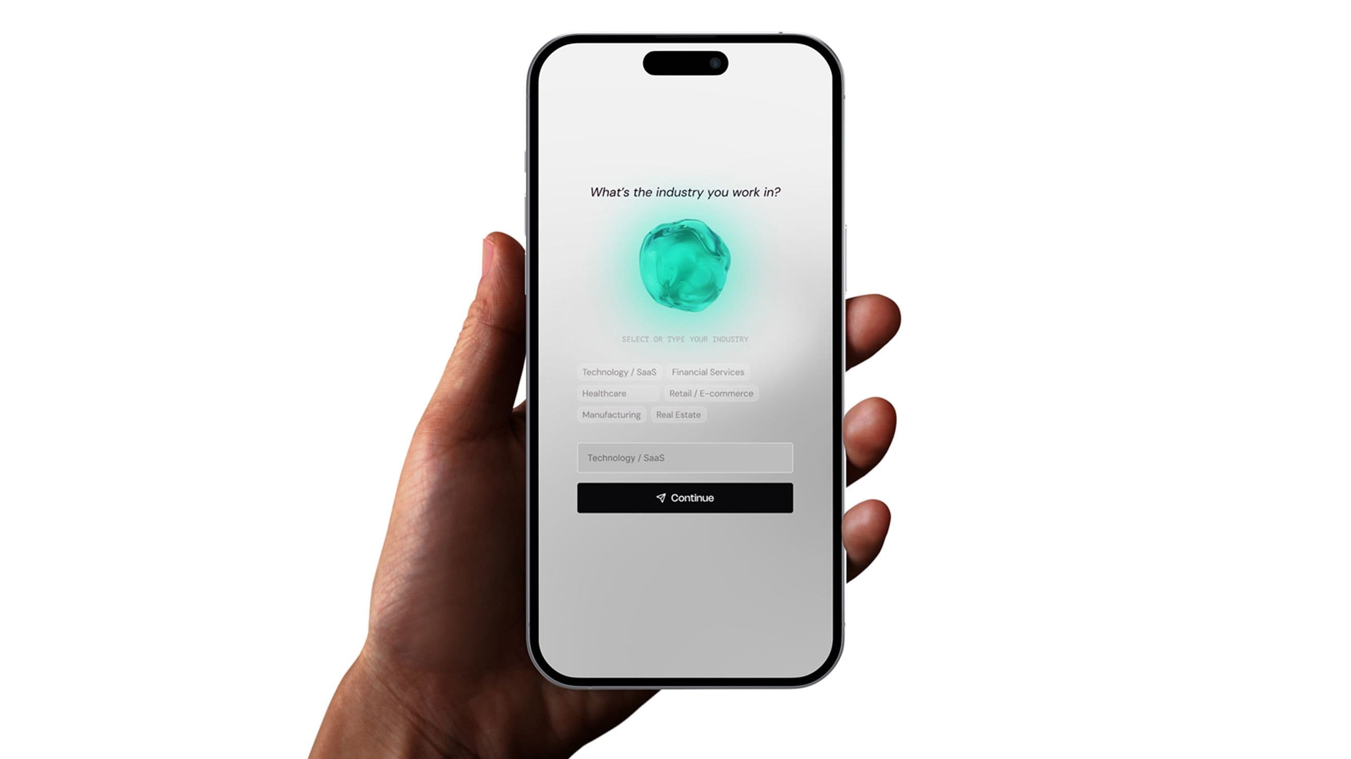 Mockup of a person's hand holding a phone and the UI of the AI tool Demo