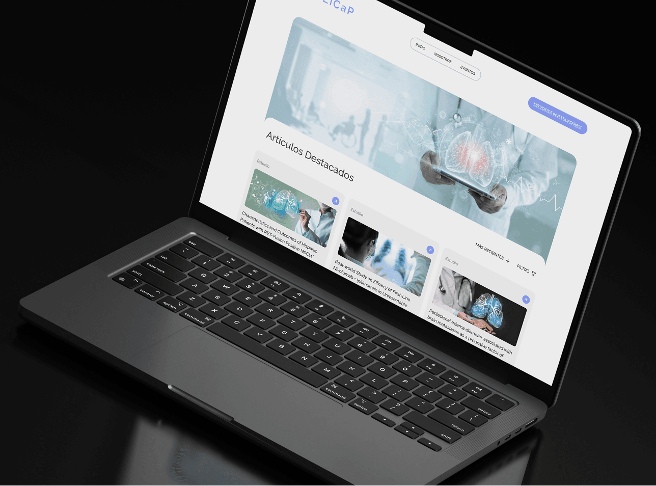 CLICaP research articles page displayed on a laptop mockup