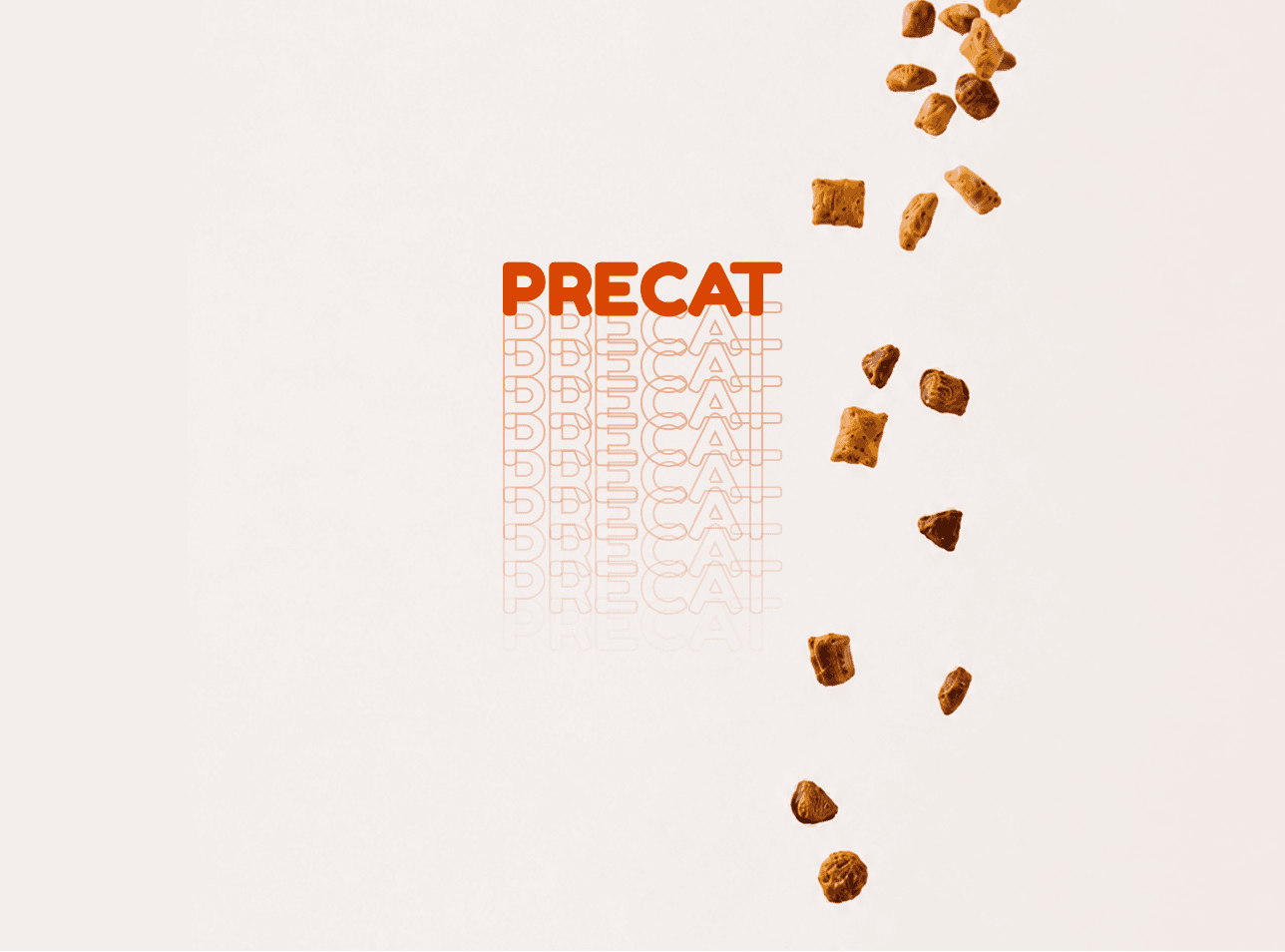 Precat typography design with floating cat food kibble