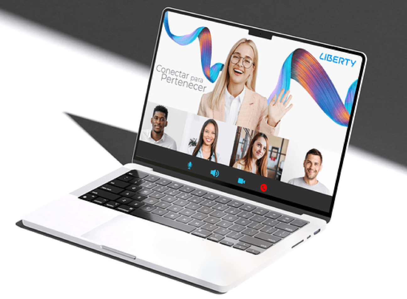 Video call mockup on a laptop with a Liberty inclusion campaign background.