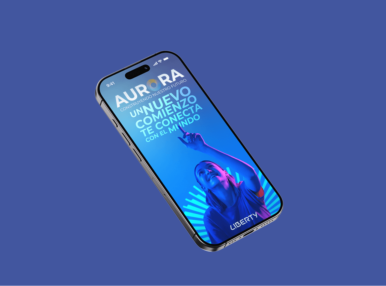 Liberty Aurora campaign artwork on a smartphone, with a portrait and blue radial graphics.