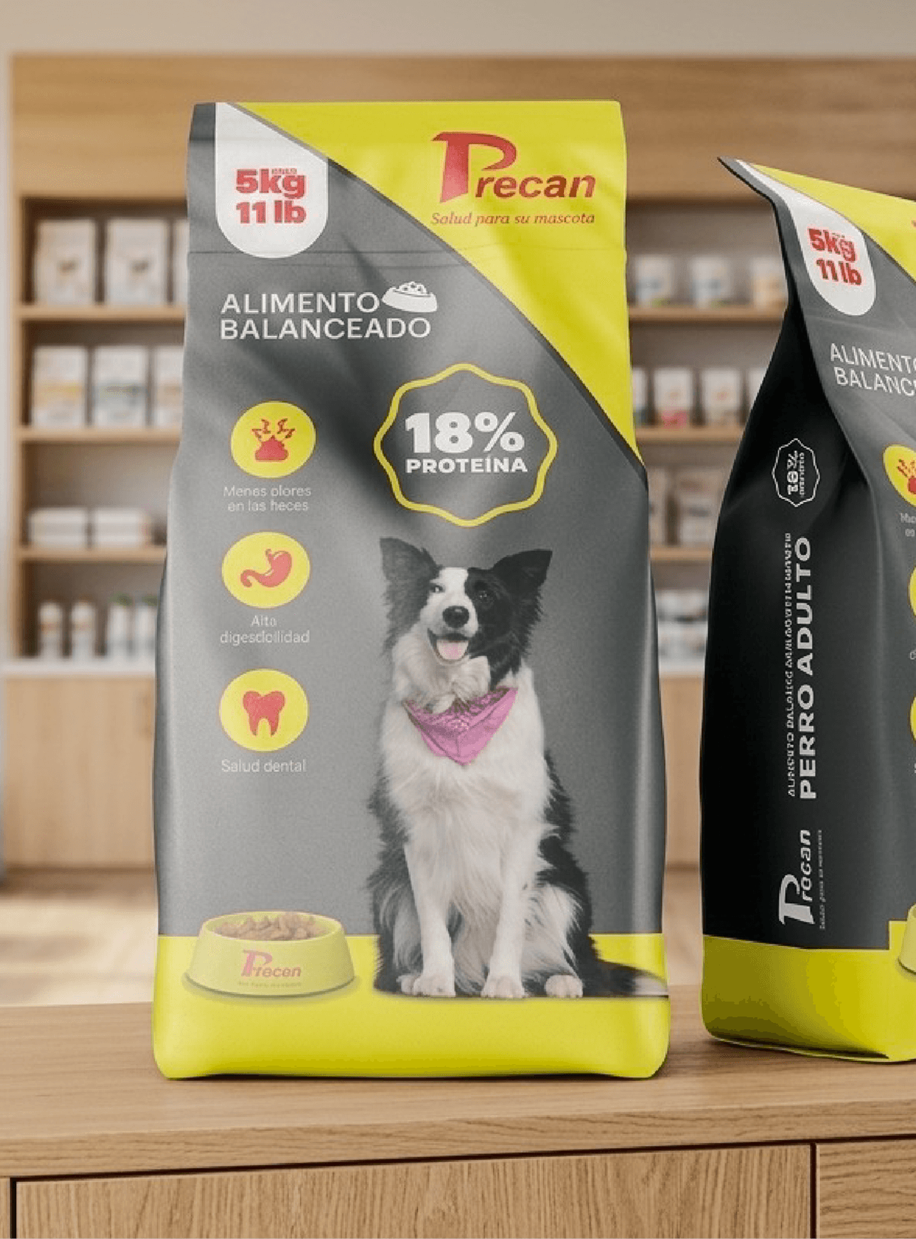 Precan adult dog food packaging design in gray and yellow